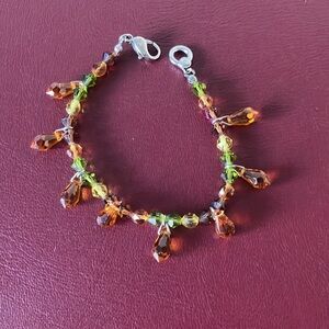Y2K Amber & Peridot Glass Teardrop Charm Bracelet Fall Colors  6.5” wrist